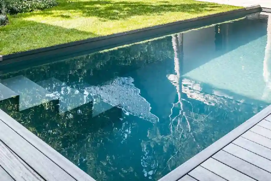 Pool im Garten in grauer Beckenfarbe mit Einstiegstreppe.