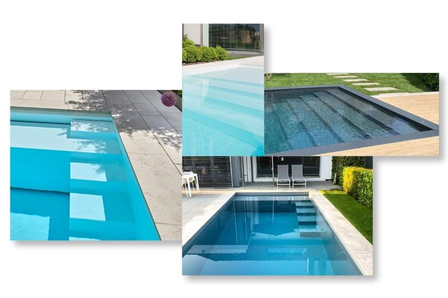 Collage mit 4 Bildern von Pooltreppen